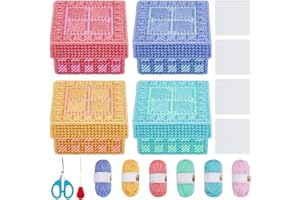FREEBLOSS 4 Set Plastic Canvas Box Kit Plastic Canvas Kit for Beginners Mesh Canvas Sheets and 6 Colors Yarn for Embroidery Crafting, Knitting Projects