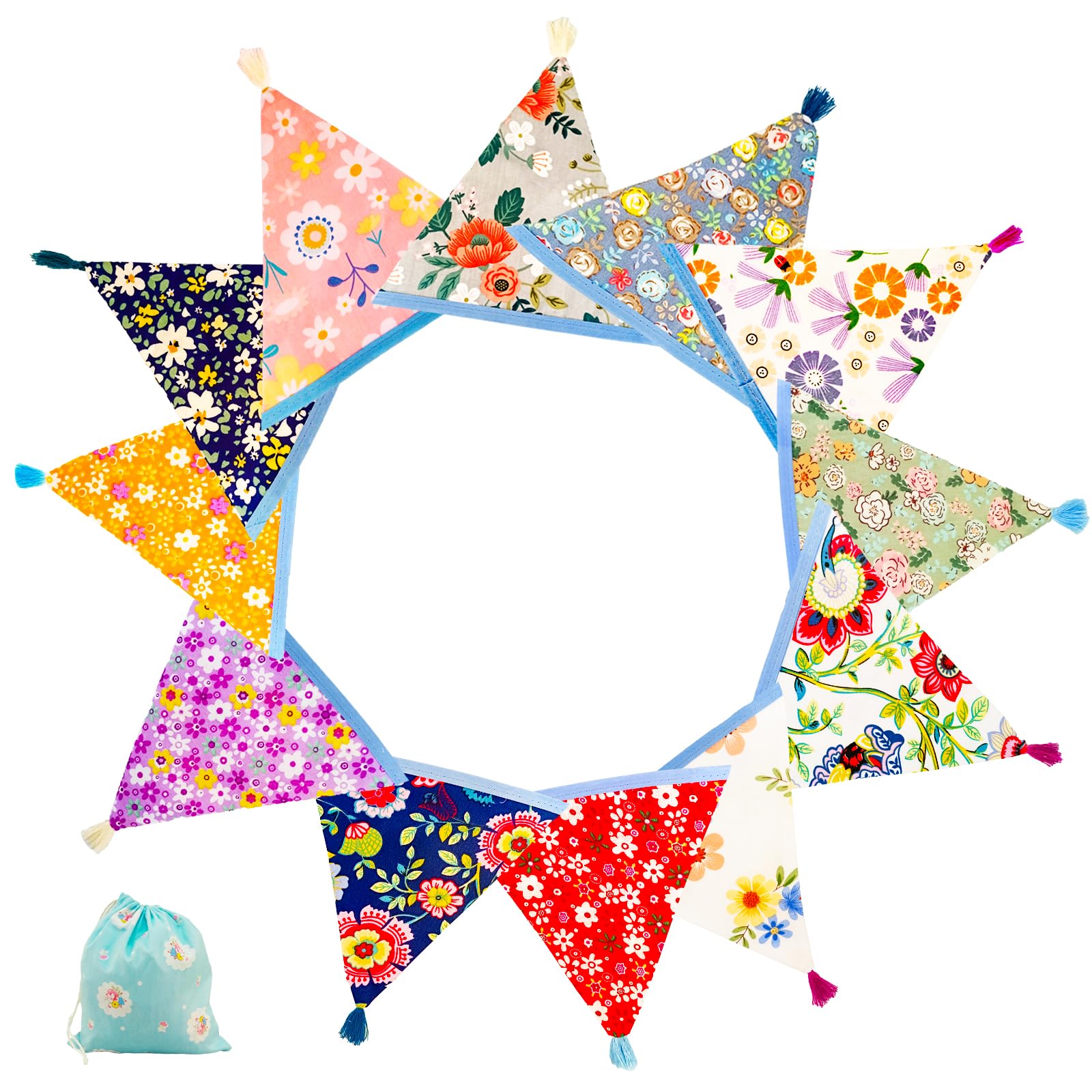 12 Pcs Fabric Bunting Double Sided, Floral Vintage Bunting Decorations, Reusable Cotton Outdoor Bunting Banner, Garden Bunting Flags with Drawstring Bag for Wedding Baby Shower Birthday Parties
