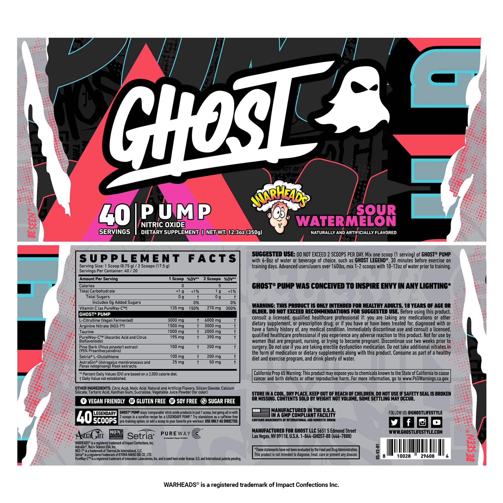 GHOST Pump Nitric Oxide Powder, Warheads Sour Watermelon - 40 Servings - Sugar & Stim-Free Pre-Workout Supplements- L-Citrulline, Arginine Nitrate & L-Glutathione - Soy & Gluten-Free, Vegan