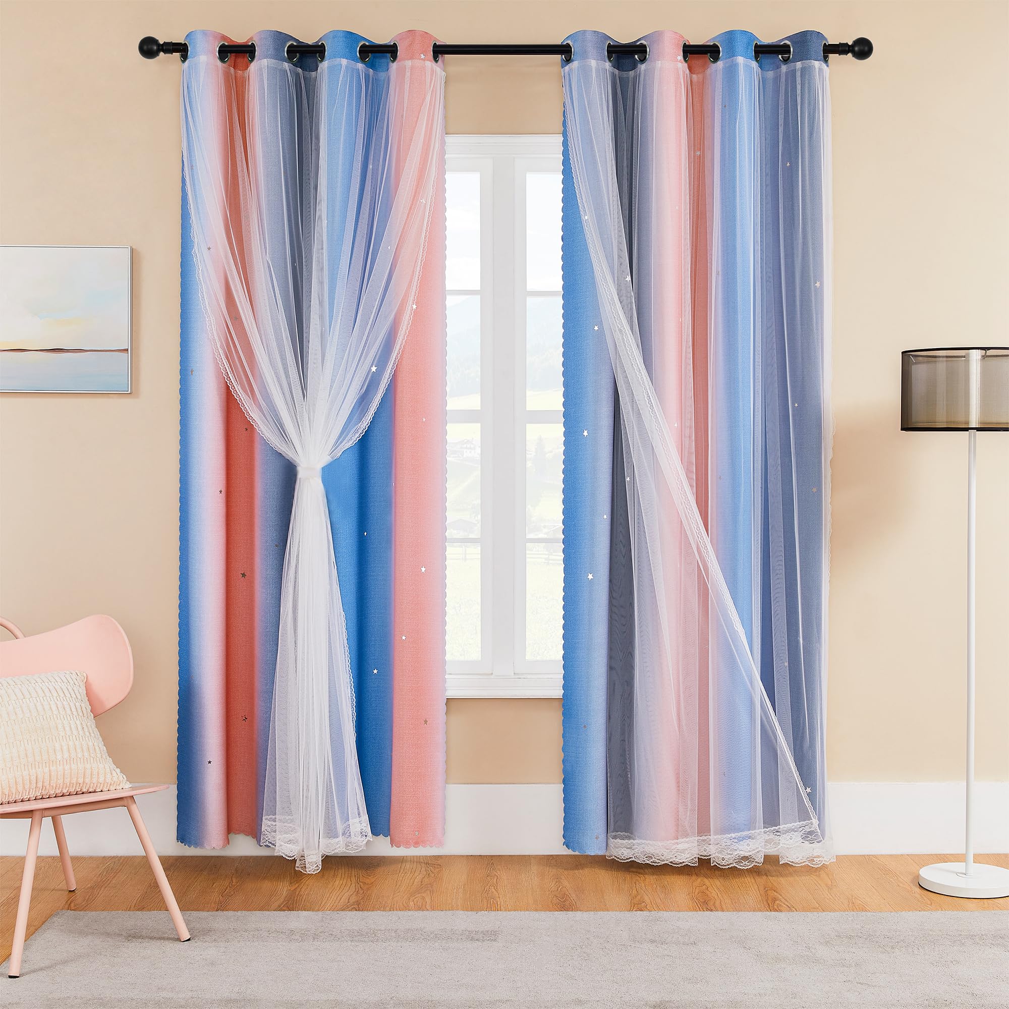 XiDi 90 Inches Curtains for Girls Bedroom 2 Panels Set, Blackout Rainbow Curtains for Kids Room Decor, Unicorn Wall Decals Drapes for Little Girl Nursery Room Pink/Grey/Blue 34 Inches Wide Image