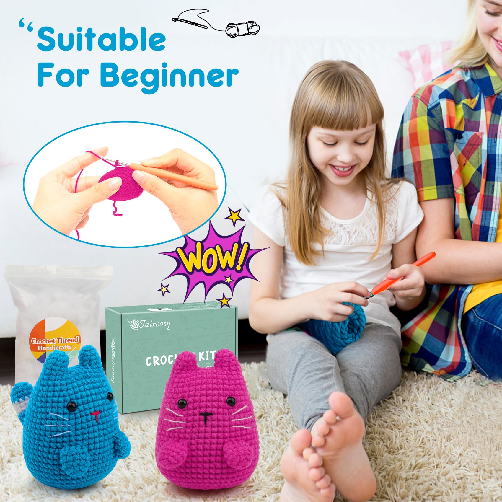 Faircosy Crochet Kit for Beginners Crocheting: Crochet Animal Kits for Kids & Adults - Learn to Knitting Cat Amigurumi Starter Kit with Detailed Tutorial Video and Instructions (40%+ Yarn Extra)