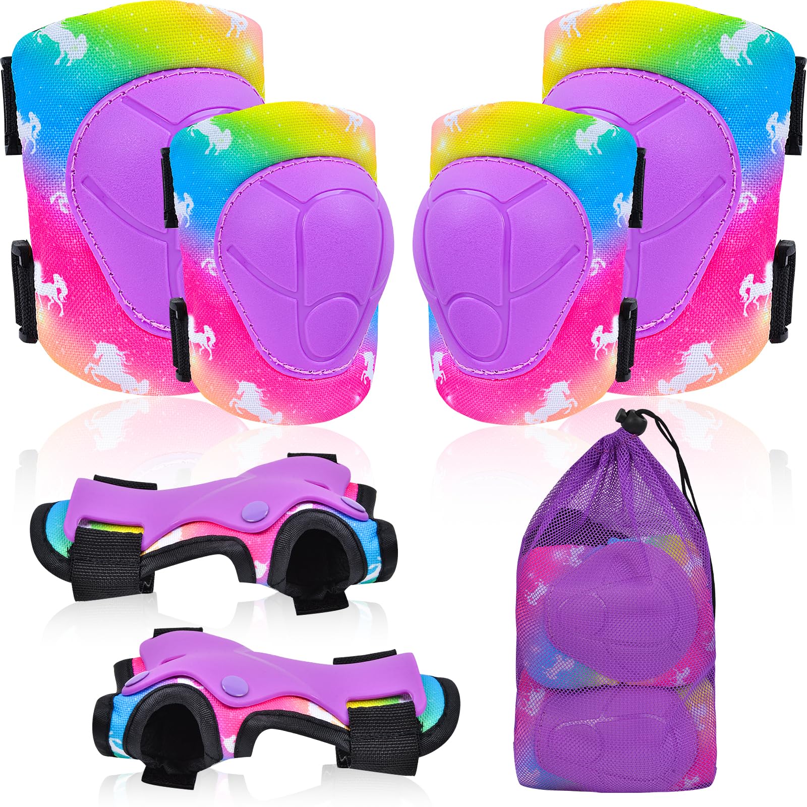 Knee Pads for Kids Elbow Pads Wrist Guards with Drawstring Mesh Bag, 7 in 1 Sport Protective Gear Set Adjustable for Girls Boys for Skating Cycling Scooter, 3-8 Years, Purple Unicorn