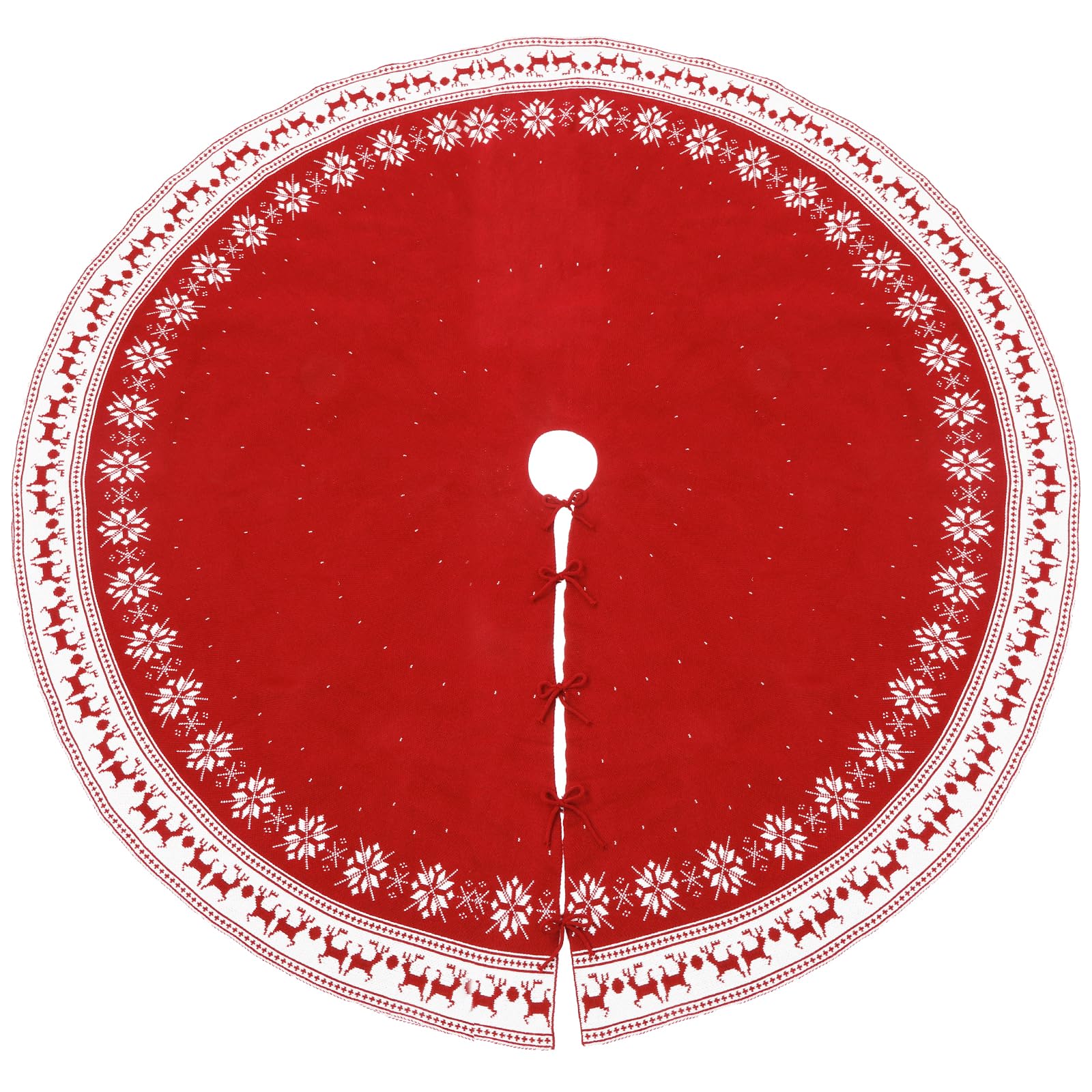 Photo 1 of 72 Inch Red Christmas Tree Skirt for 7.5 ft to 12ft Tree, Extra Large Vintage Christmas Knitted Tree Skirt Snowflake Reindeer Giant Ornaments for Merry Xmas Winter Indoor Holiday Party Decorations
