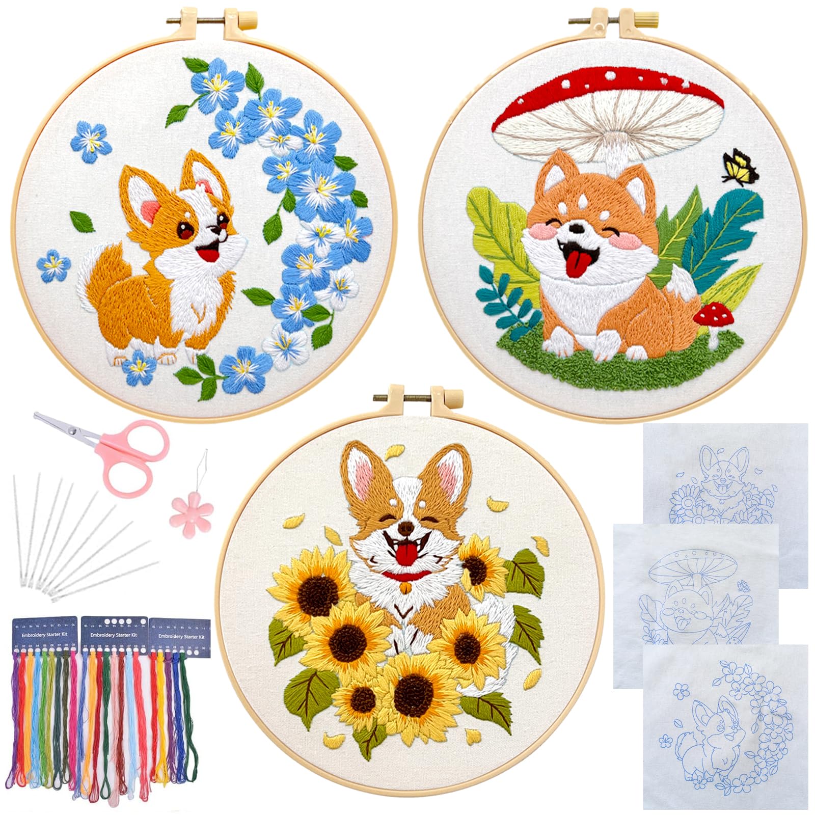 ARJDXDP 3PCS Embroidery kit for Beginners, Classic Stitch Practice Embroidery Kits, Including Cloth with Floral Patterns, Colored Threads, Needles, Hoops and Instructions