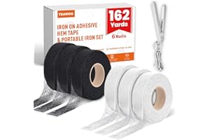 TEAWOO 6 Rolls （162 Yards ） Hemming Tape with Portable Iron, 3/4 Inch x 27 Yards Each, 3 White & 3 Black, Iron-On Hem Tape for Pants, Curtains, Dresses & Crafts