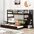 Harper & Bright Designs Twin Over Twin Bunk Bed with Stairs and Trundle, Solid Wood Stairway Bunk Bed Frame with Storage, for Kids Teens Adults – Espresso