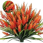 Spring Fake Fall Flowers Outside,Artificial Plants Outdoor, UV Resistant Faux Monkey Grass Greenery Stems Faux Plastic Flowers Shrubs for Home Weddings Garden Porch Front Patio Office Decor(Orange)