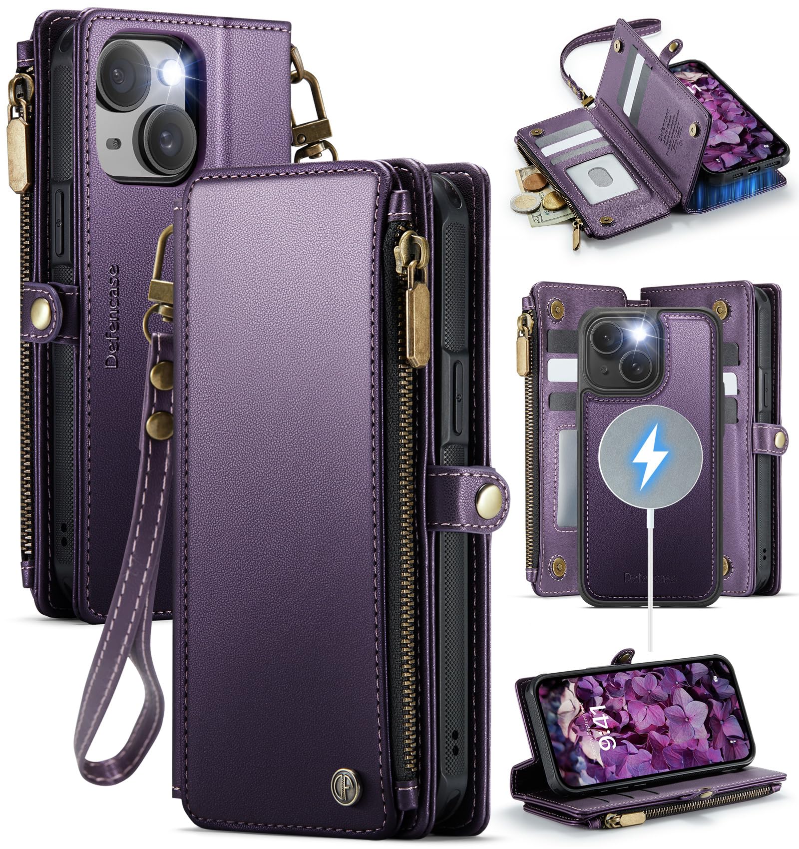 Photo 1 of Defencase for iPhone 14 Magnetic Wallet Case Compatible with Magsafe with RFID Blocking Zipper & Card Holder for Women Men, PU Leather Strap Detachable Phone Case for iPhone 14 (6.1 inches), Purple