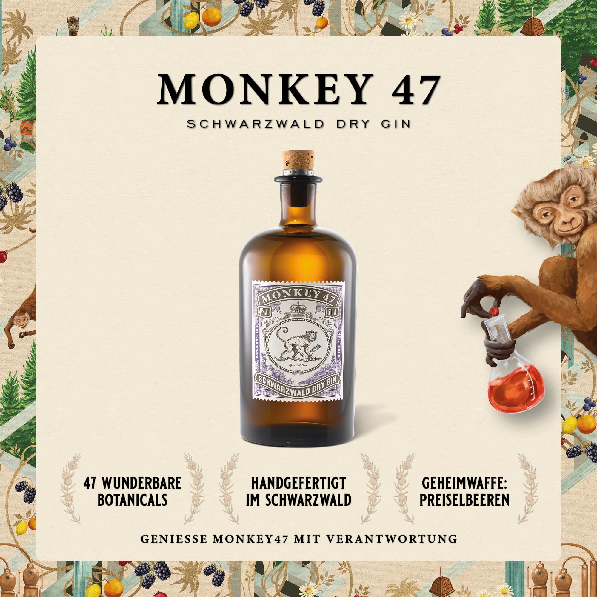Monkey 47 Schwarzwald Dry Gin – Harmonischer Ultra Premium Gin mit Wacholderaroma & frischen Zitronen- und Fruchtnoten – 1 x 0,5 L | 500 ml (1er Pack) 3