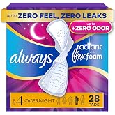 Always Radiant Feminine Pads for Women, Flexfoam Pads with Wings, Size 4, Overnight Absorbency, Lightly Scented, 28 Count