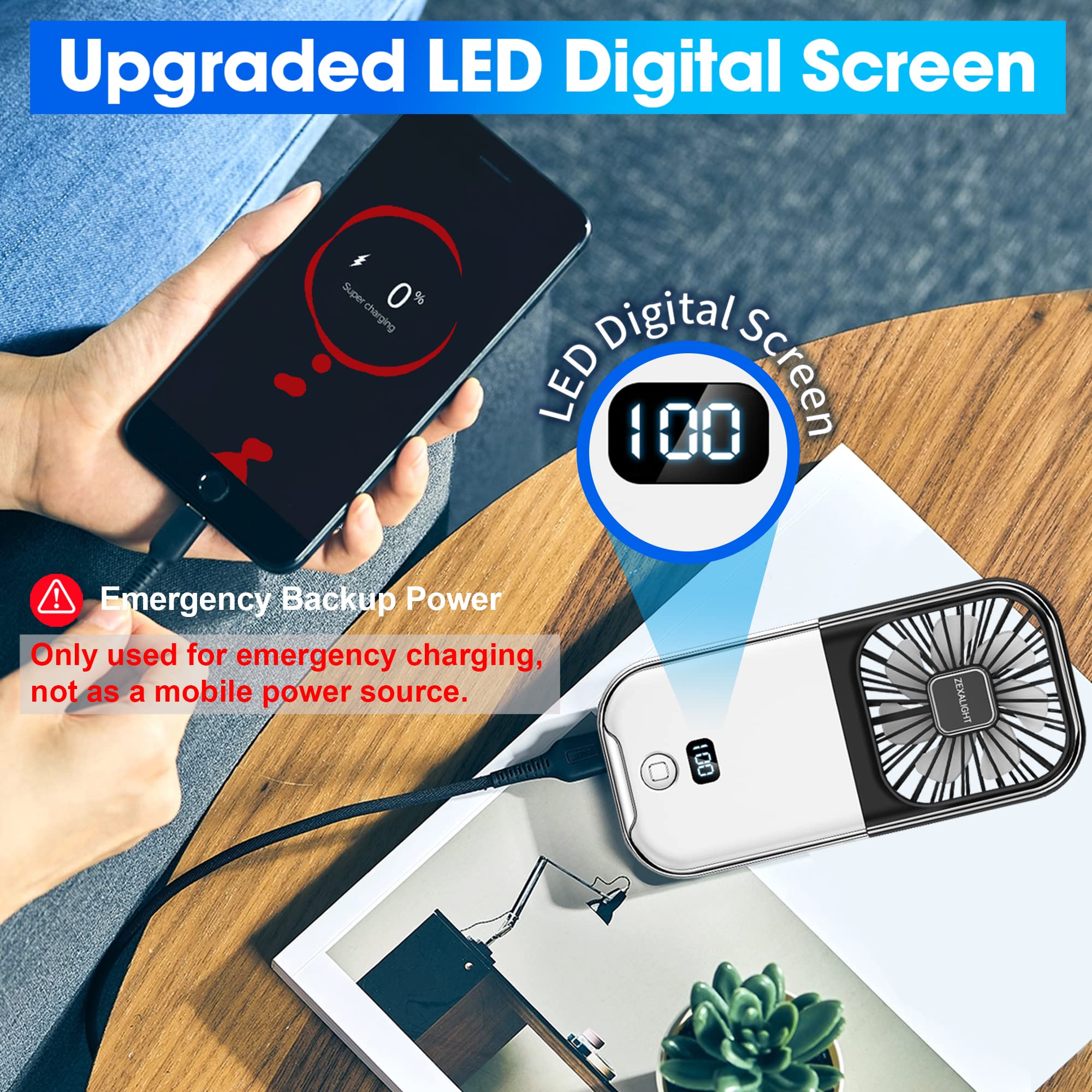 Upgraded 5-in-1 Portable Handheld Fan, Necklace Fan, Mini Desk Fan, Foldable Phone Stand, Emergency Backup Power, Quiet USB Rechargeable Personal Fans with LED Digital Screen (Black & white)