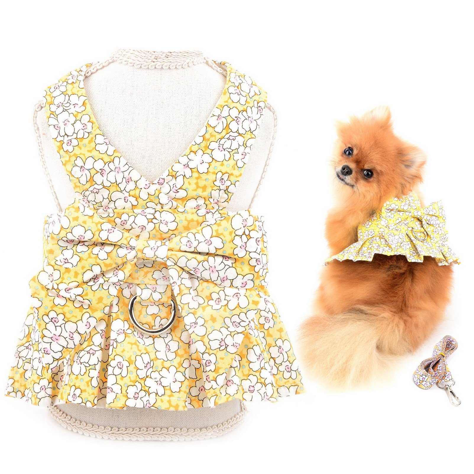 SMALLLEE_LUCKY_STORE Dog Floral Harness Dress with Leash Set,Puppy Bow Princess Dress for Small Medium Dog Cat Girls Adjustable Puppy Skirt with D-ring Female Dog Clothes Summer Pet Apparel,Yellow,M
