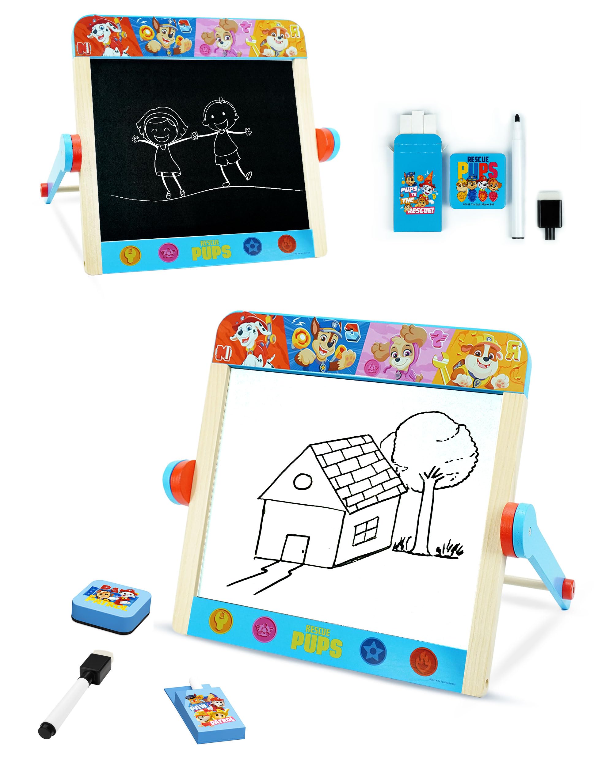 Paw Patrol Art & Craft Table for Kids - 2-in-1 Double-Sided Chalkboard & Whiteboard Drawing Board for Children, Portable Art Station 30 × 25 × 20 cm - Tabletop Easel