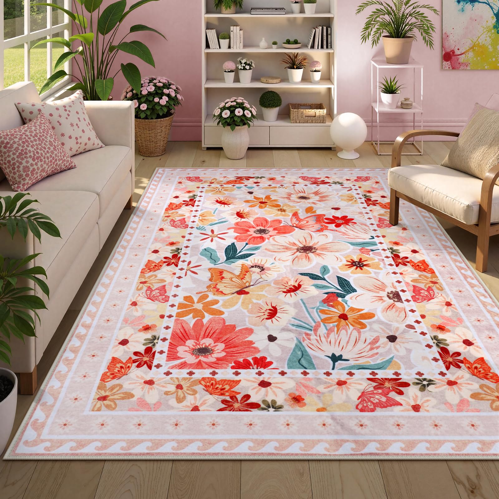 Photo 1 of Nailttos Floral Living Room Area Rugs 5x7, Non Slip Machine Washable Pink Carpet for Bedroom,Low Pile Stain Resistant Dining Room Rug Carpet for Living Room Bedroom Nursery Playroom