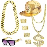 CASADN 80s 90s Accessories Outfit for Men Women Hip Hop Costume Kit Old School Rapper Sunglasse Fake Chain Money chain Hip Hop Hat Kanji Ring Party Halloween Outfits