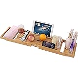 YCOCO Bamboo Expandable Bathtub Caddy Tray for Luxury Bath with Rack,Holds Book,Phone,Ipad,Wine,Soap