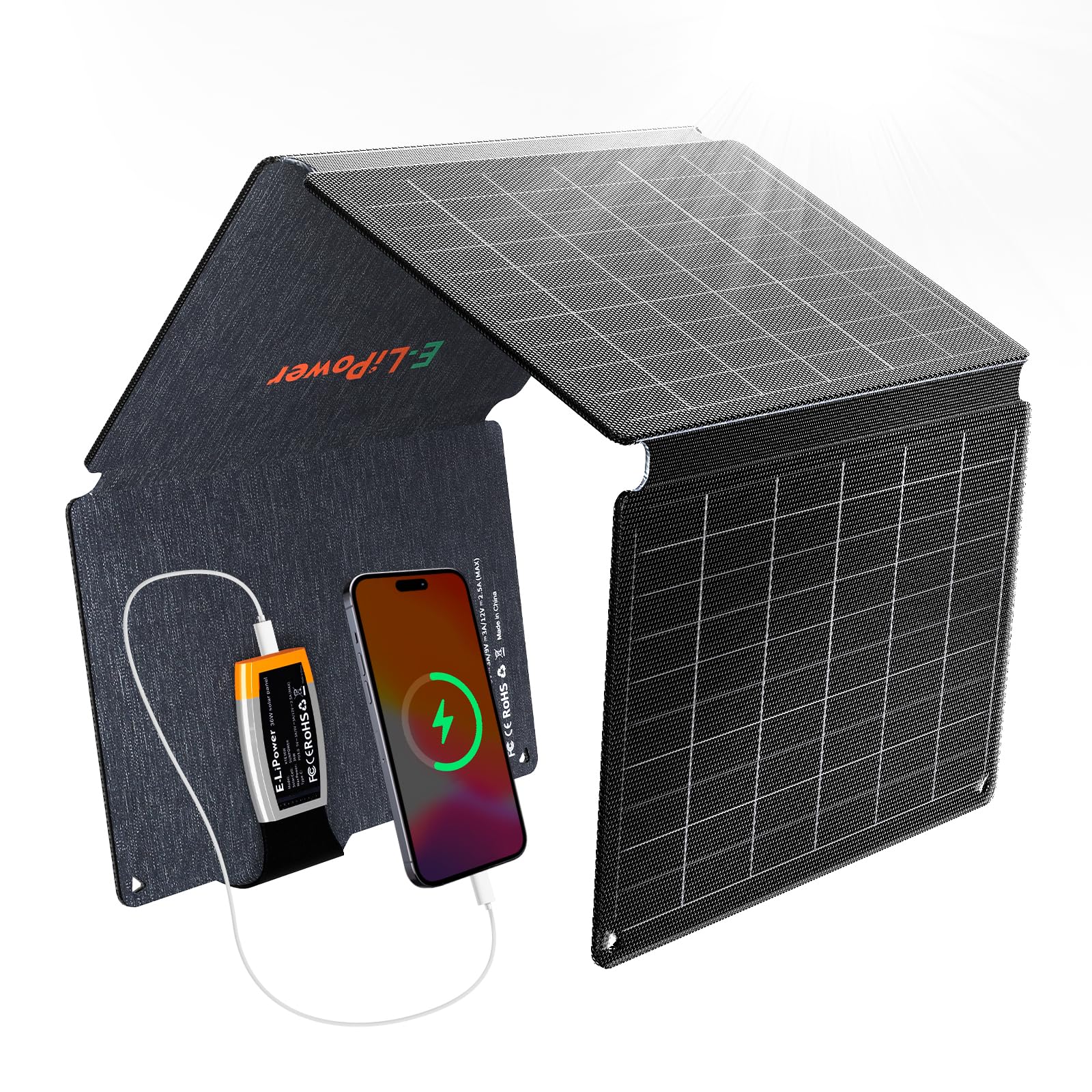 E-LiPower Portable Solar Panel 36W | 26% High-Efficiency Foldable Solar Panels with USB QC and PD Quick Charge for Camping, Hiking, Outdoor Trip, Compatible with Phones, Ipad & Tablets