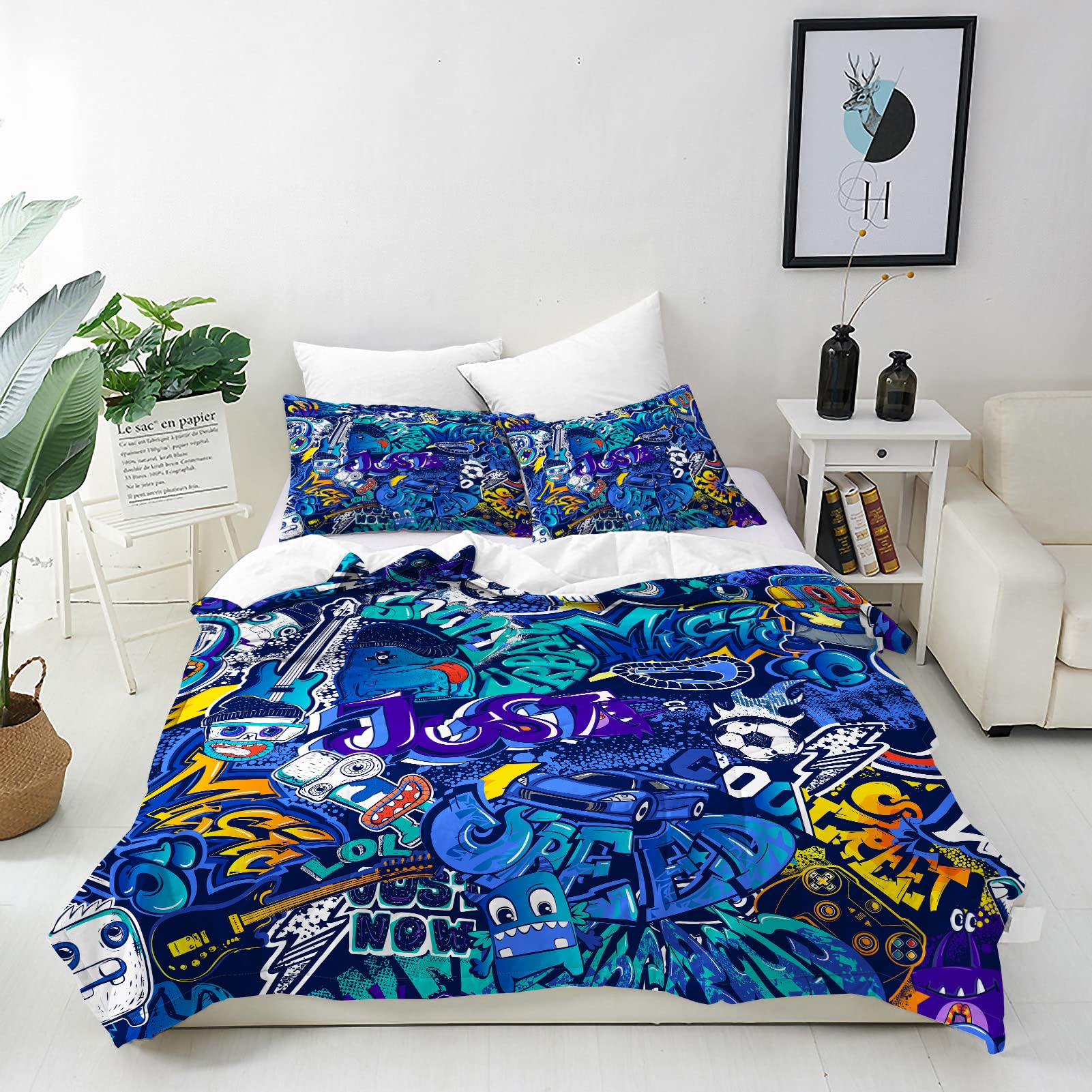 ANHOPE Graffiti Duvet Cover Set Soft Lightweight 3Pcs Bedding Set with 2 Pillowcase Hip Hop Football Car Gamepad Doodle Print Pattern Kids Boys Girls Teens Quilt Cover with Zipper Closure Double Size — image 1
