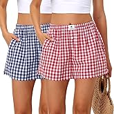 Bonuci 2 Pack Women Boxer Shorts Cotton Y2k Lounge Sleep Gingham Pj Summer Casual Pajama Y2k Beach Bottoms with Pockets