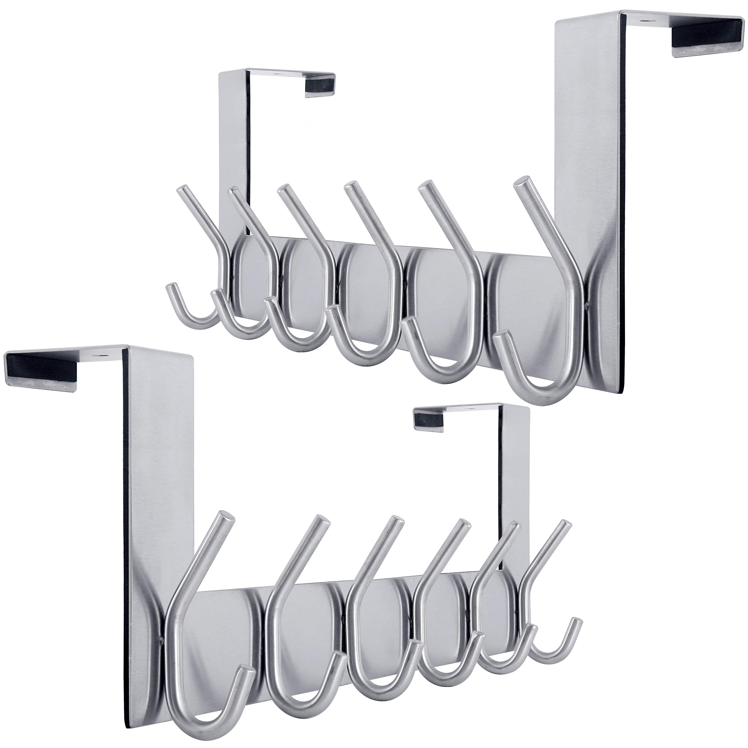 WEBI Over The Door Hook Over Door Hanger Coat Rack Over The Door Towel Rack with 6 Coat Hooks for Hanging,Towel Hanger for Clothes,Back of Bathroom,Silver,2 Packs