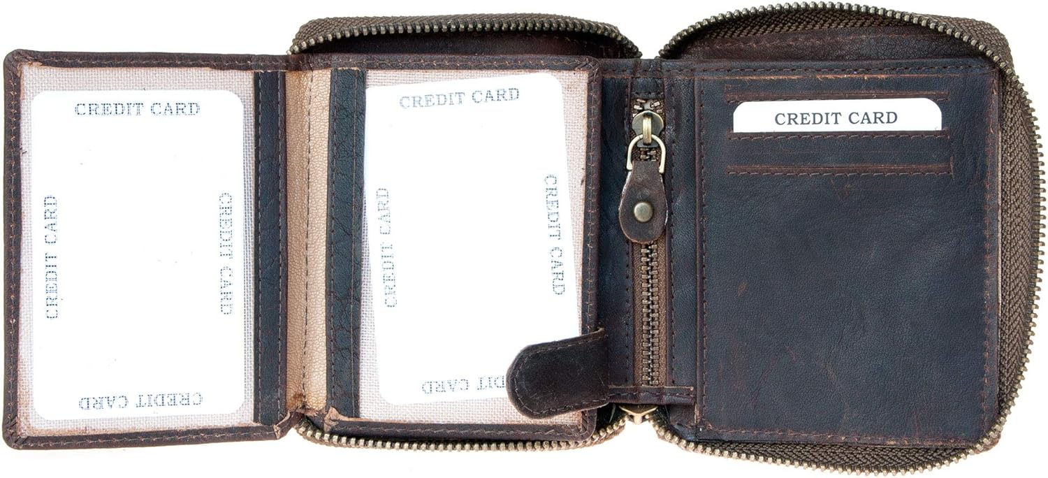 FLW Small Strong Oiled Genuine Leather Wallet With Metal Zipper Around, Brown - Image 5