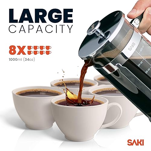SAKI French Press Coffee Maker, 34 Oz (1000 ml), Level