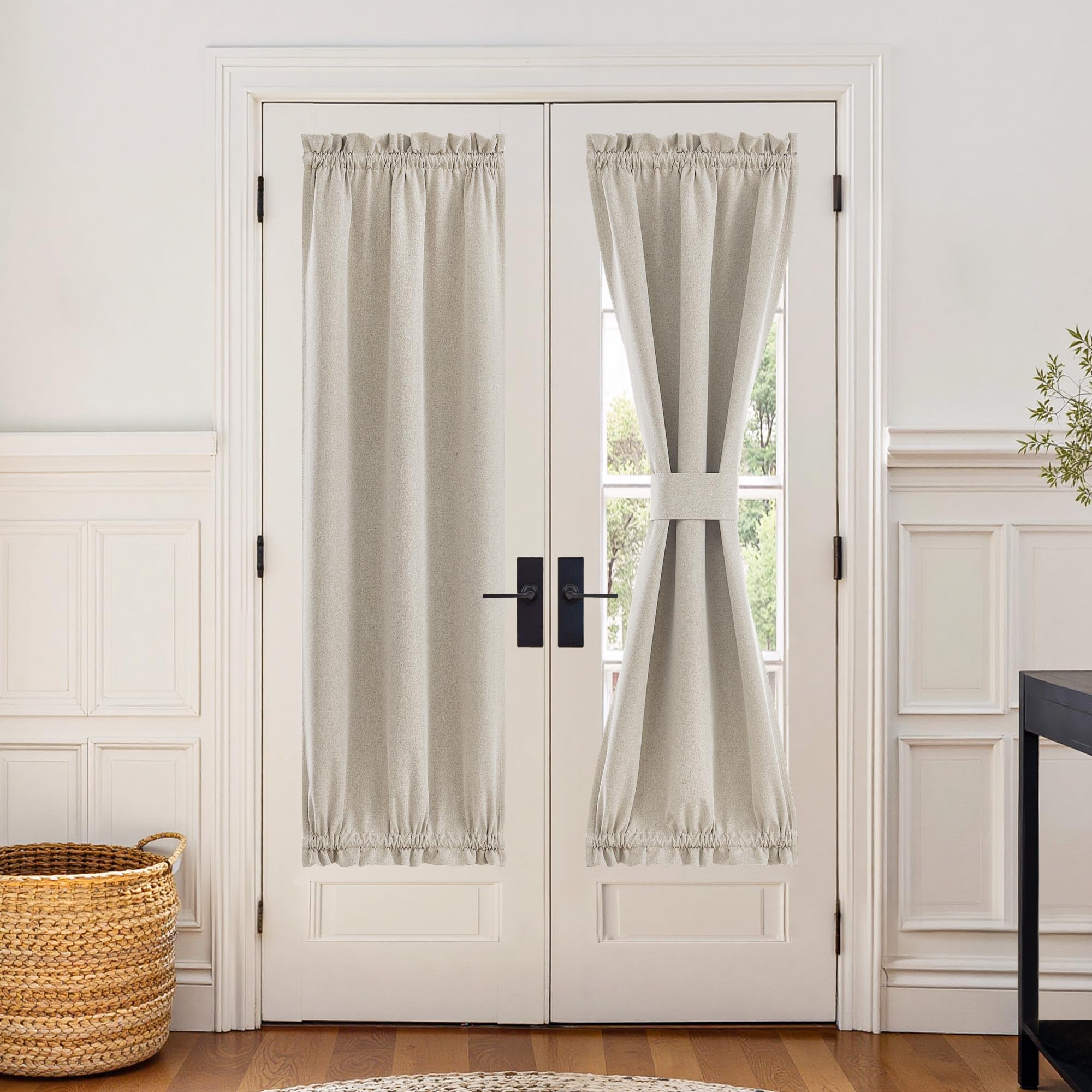 Photo 1 of NICETOWN 100% Blackout Curtain for Door Window - Privacy Room Darkening Shade, Thermal Insulated French Door Curtain with Tie Back, Elegant Home Decoration, 1 Panel, 25 x 72 Inch, Linen