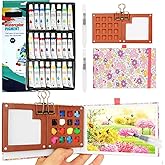 Mini Watercolor Paint Set, Watercolor Kit, Mini Watercolor Travel Set with Wooden 15-Grid Palette, 24 Colors Paint, 2 Brushes, Copper Clip & Sketchbook for Travel Painting