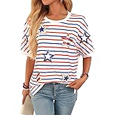 Womens 4th of July Crewneck Red White Blue Americana T Shirt Star Stripes Memorial Day Graphic Top Stars XL