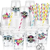 FoldTier 50 Pcs 90s Theme Party Decoration 90s Cups Disposable Plastic Cup 12 oz Go Back to Mug Thick Clear Mug with Lid Straw for Retro Music Supplies Dance Birthday Party