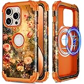 Hekodonk for iPhone 15 Pro Max Case Magnetic,[Compatible with MagSafe] Floral Three Layer Heavy Duty Drop Shockproof Full Protective Women Girls Case for Apple iPhone 15 Pro Max 6.7 inch,Orange