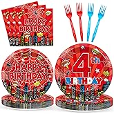 96Pcs Spider Theme Birthday Supplies Spider 4th Party Plates Napkins Super Theme Hero Tableware Cartoon Hero Red and Blue Birthday Decoration for Kids 4 Year Old Cityscape Party Supplies Serve 24