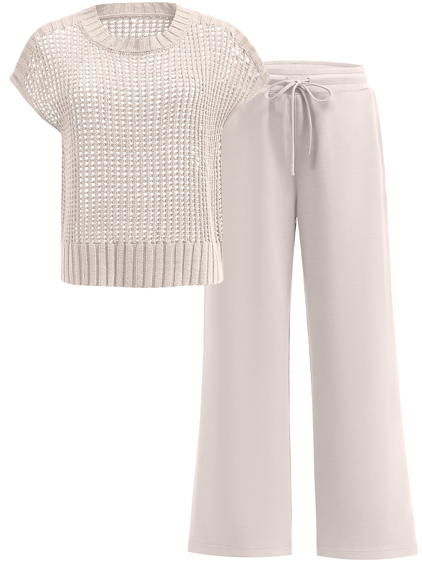 Photo 1 of ANRABESS Women Two Piece Outfits Crochet Sheer Knit Sweater Top Wide Leg Pants Lounge Matching Sets Sweatsuit Travel Clothes Aprioct Small