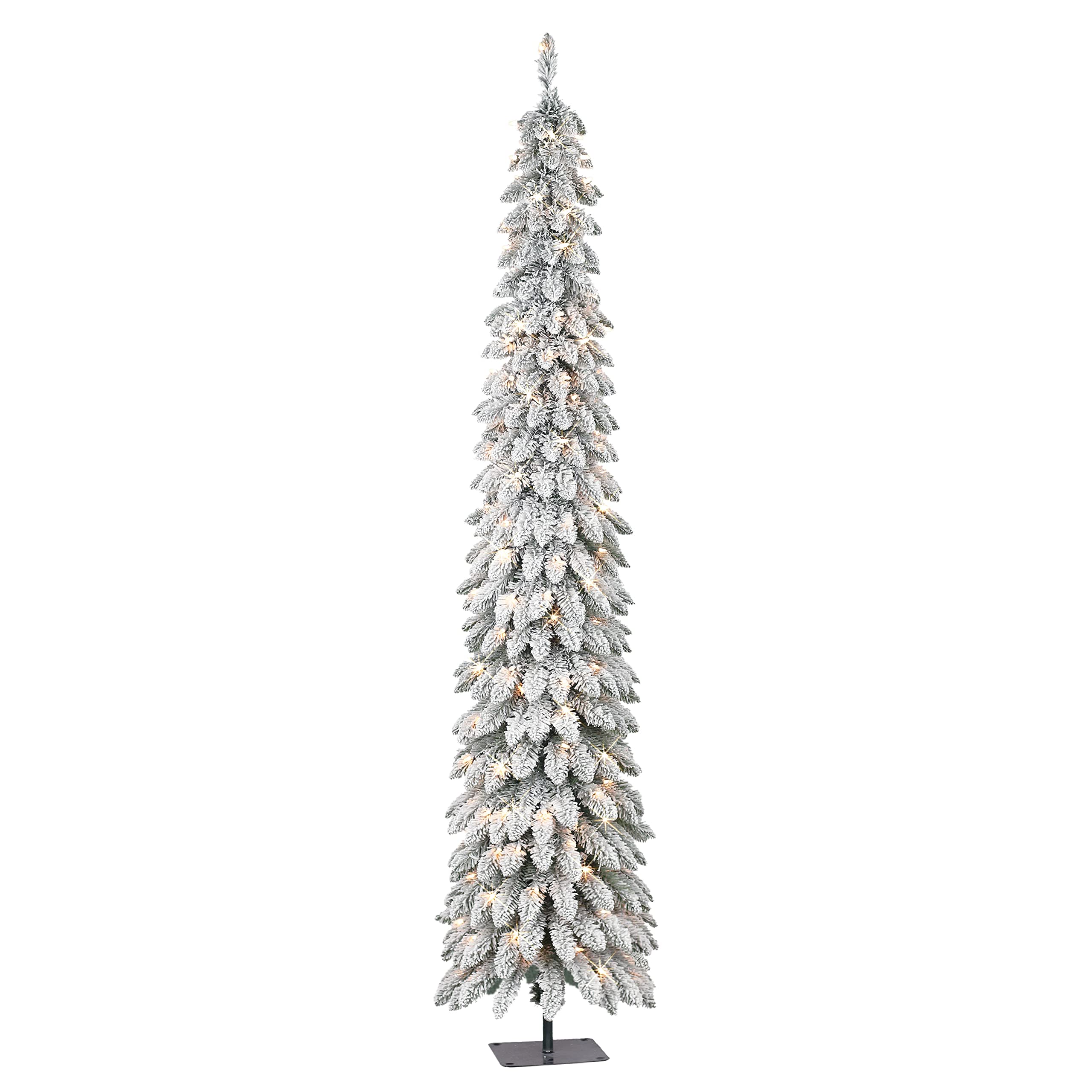 View 1 of **damages to top piece*** Puleo International 7 ft Pre-Lit Flocked Artificial Alpine Pencil Tree