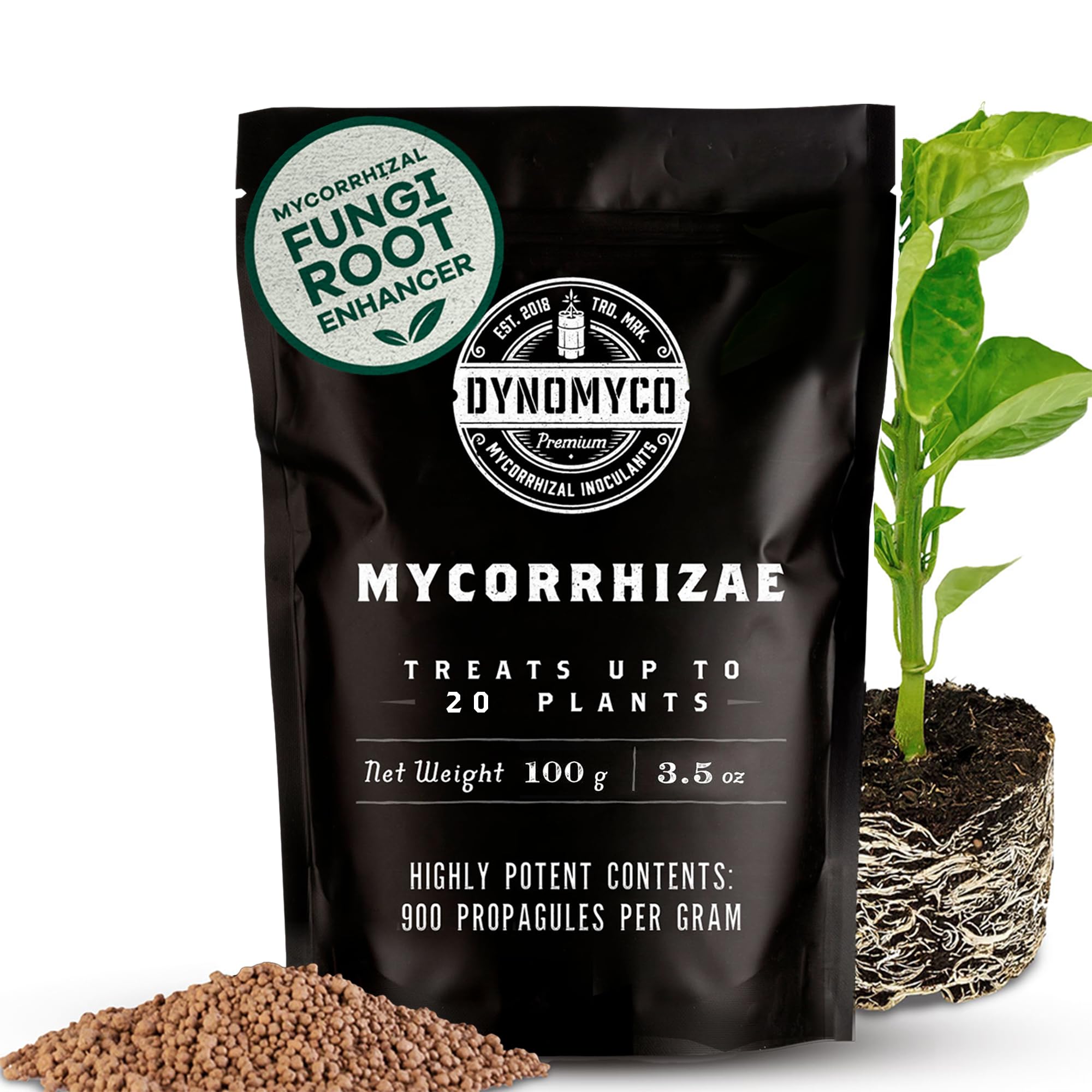 DYNOMYCO Mycorrhizal Fungi Inoculant, 100g/3.5oz – Boosts Root Growth, Yields & Nutrient Uptake – 900 Propagules/g, Concentrated Granules, & OMRI Compliant – Seed Starter Soil Mix Compatible