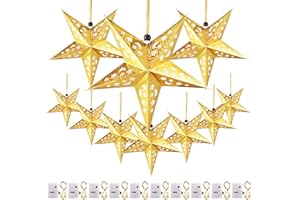 ZHANMAI 10 Pcs Christmas 3D Paper Star Lantern with 10 LED Light 11.8 Inch 5 Point Xmas Hollow Paper Star Lampshade Hanging Decoration Light Lanterns for New Year Party Wedding Birthday Home Decor