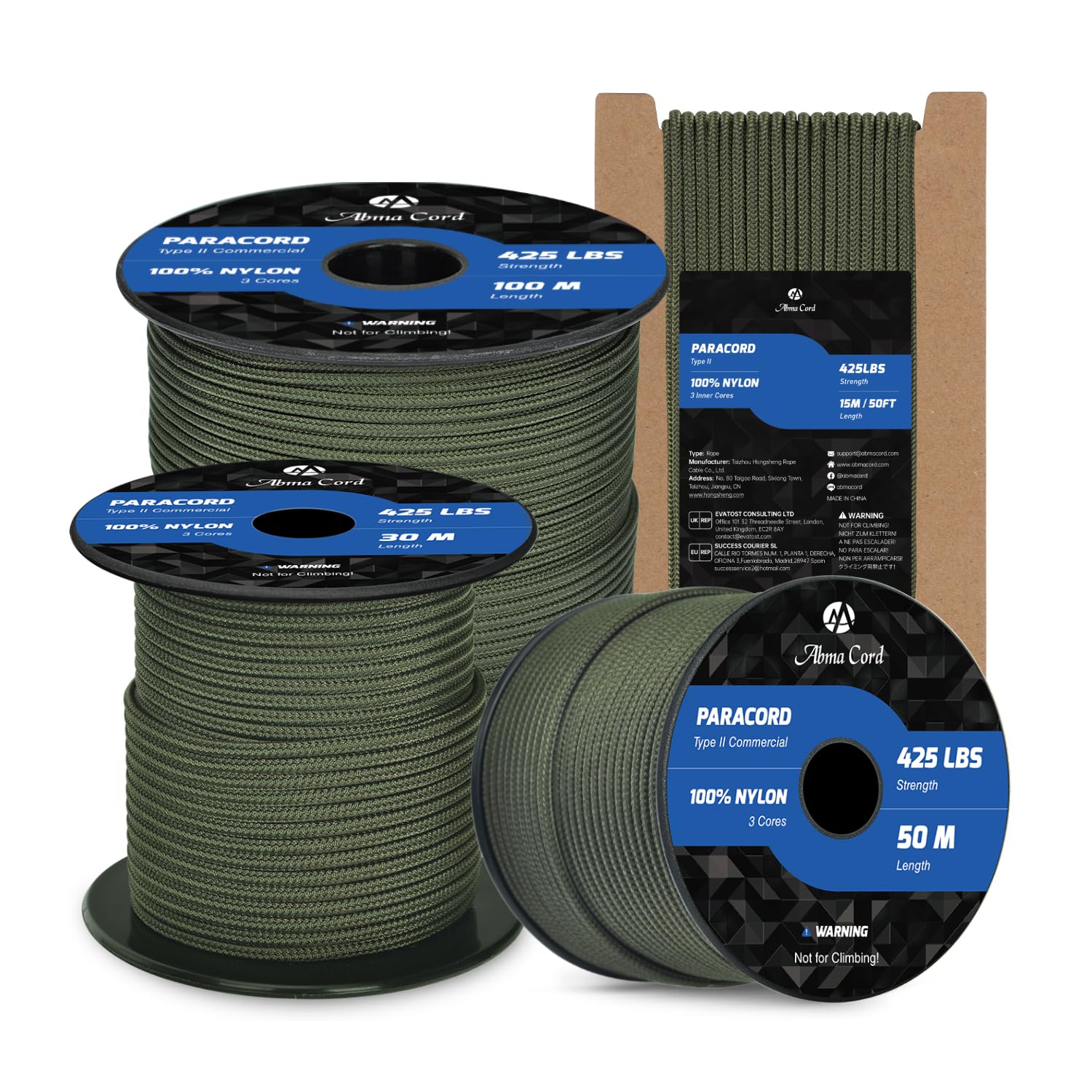 Abma Cord Paracord 3mm 100m 100% Nylon Rope Type II 3 Strands Parachute Cord - Max. 192kg (425lbs) - Army Green