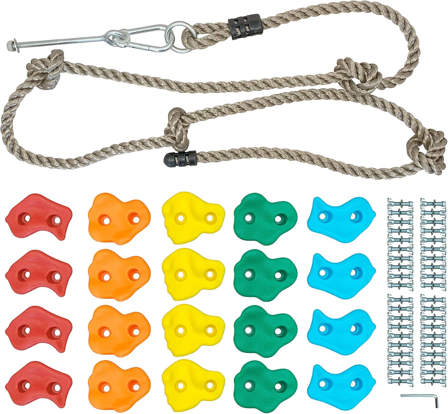 Play N Laughter 20 Assorted Kids Climbing Rock Holds with Knotted Rope Kit - Mounting Hardware Included for Installation up to 1" Thick Wall: Toys & Games