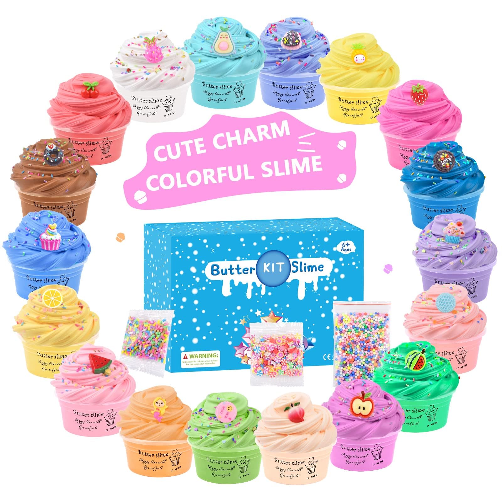 18 Pack Super Soft Butter Slime Kit, with Candy, Ice Cream, Fruit, Cute Fun Charms, Scented Slime Party Favor Gifts for Girls and Boys, DIY Putty Toys for Kids