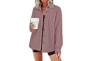 Hotouch Women Waffle Knit Top Long Sleeve Casual Button Down Blouse Loose Fit Button Dressy Shirt with Pocket