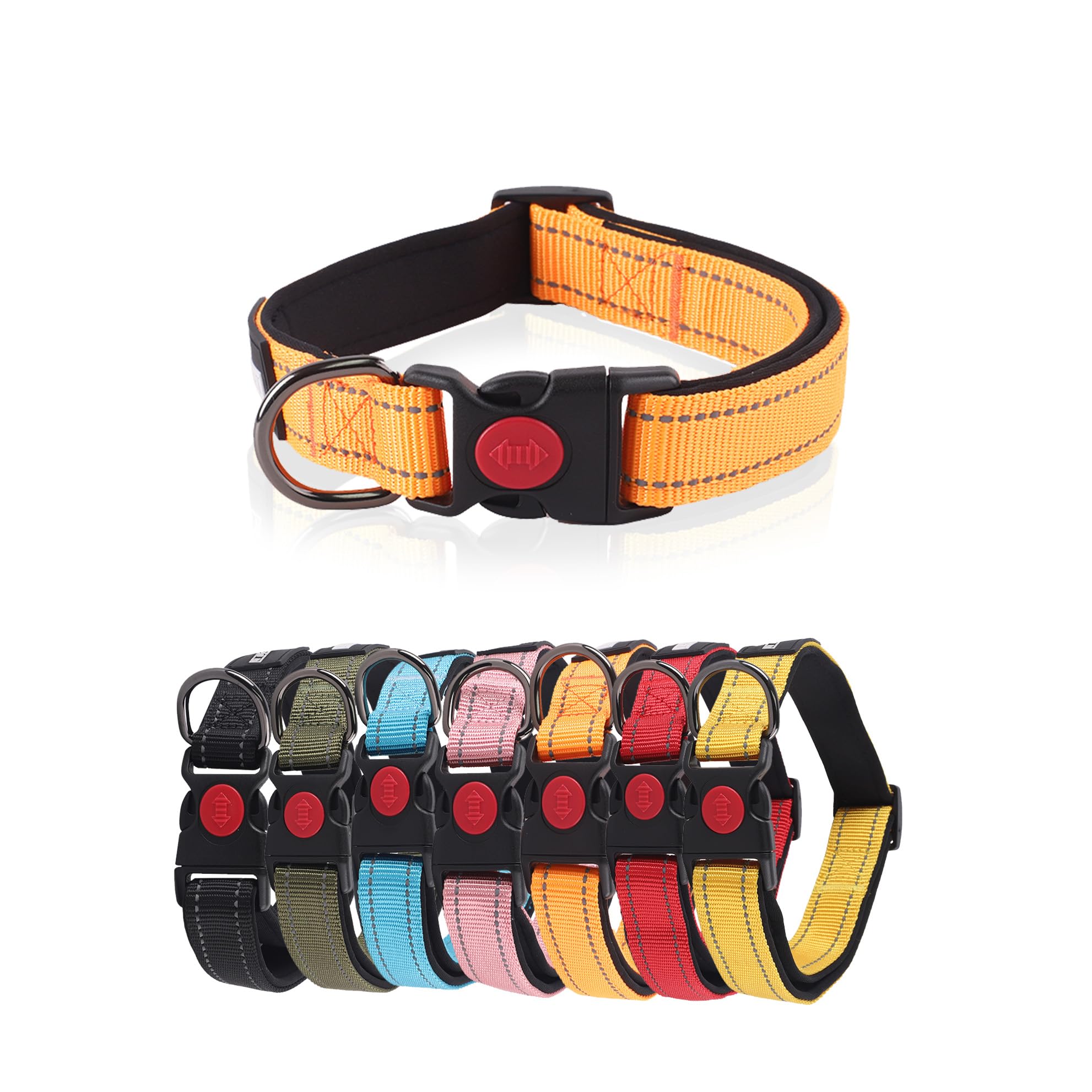 Don Pet Dog Collar, Reflective Adjustable Basic Dog Collar with Soft Neoprene Padding, Durable Nylon Pet Collars for Puppy, Small, Medium & Large Dogs - Medium Orange: (35cm - 50cm).