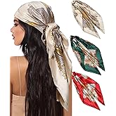 AWAYTR 35” Large Square Satin Head Scarf - 3Pcs Satin Hair Scarves Silk Bandana Scarf Headscarf Silk Feeling Scarf for Women