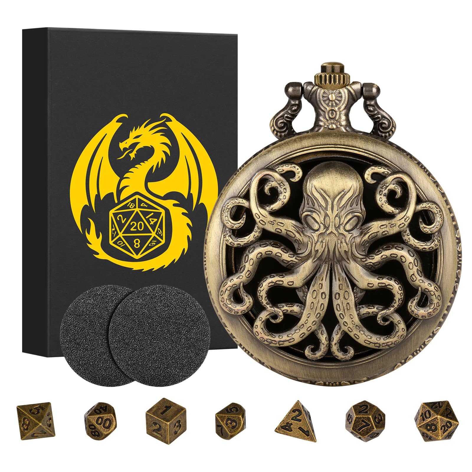 Mini DND Dice Set, Steampunk Bronze Hollow Octopus Pocket Watch Case, 7 Pieces Polyhedral Metal D&D Dice Set, DND Gifts with Gift Box, Role Playing Board Game Accessories