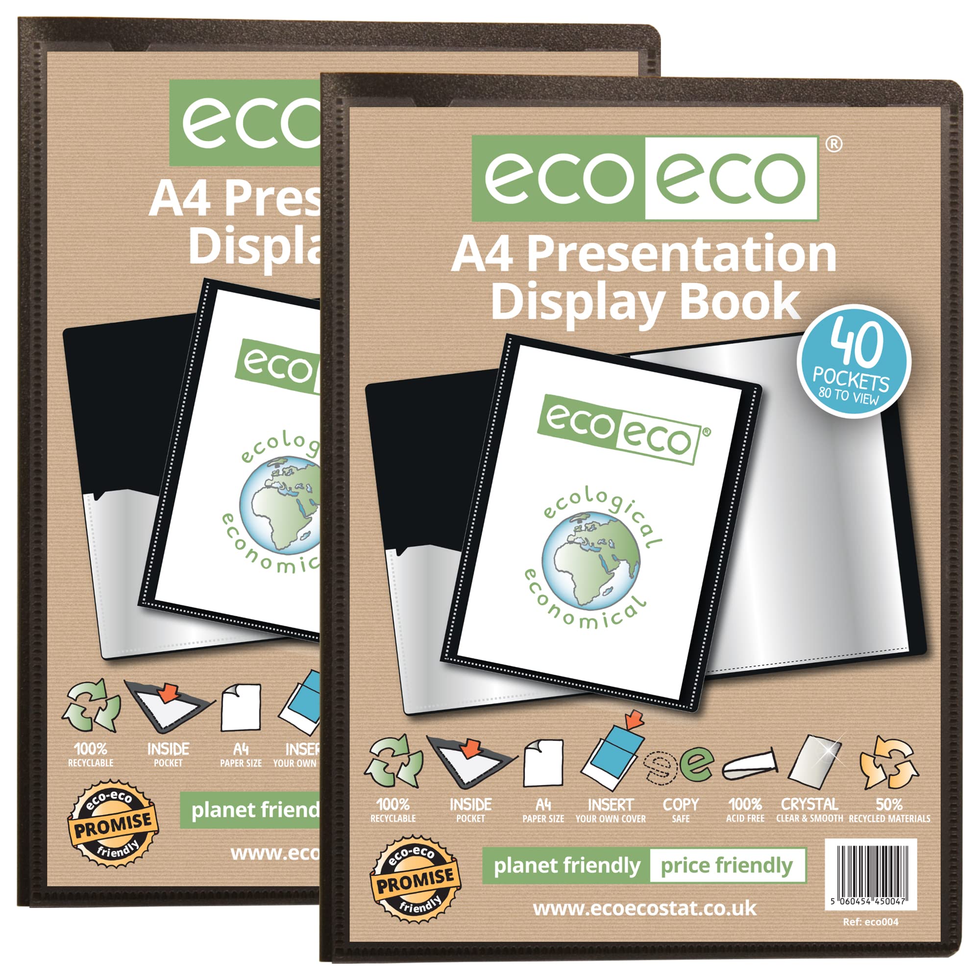 eco-eco A4 Size 50% Recycled 40 Pocket Black Presentation Display Book, Storage Case Portfolio Art Folder with Plastic Sleeves, (Pack of 2), eco004x2