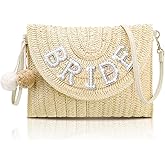 Pinkunn Bride Straw Shoulder Bag Clutch Rhinestone Letter Purse Beach Bachelorette Honeymoon Wedding Bridal Shower Gift