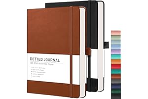 RETTACY Bullet Dotted Journal, 2-Pack, A5 Dotted Grid Journal Notebook with 160 Numbered Pages per Pack, 120 GSM Acid-Free Paper, Leather Hardcover, Inner Pocket, 5.7'' × 8.3'' (Black & Brown)