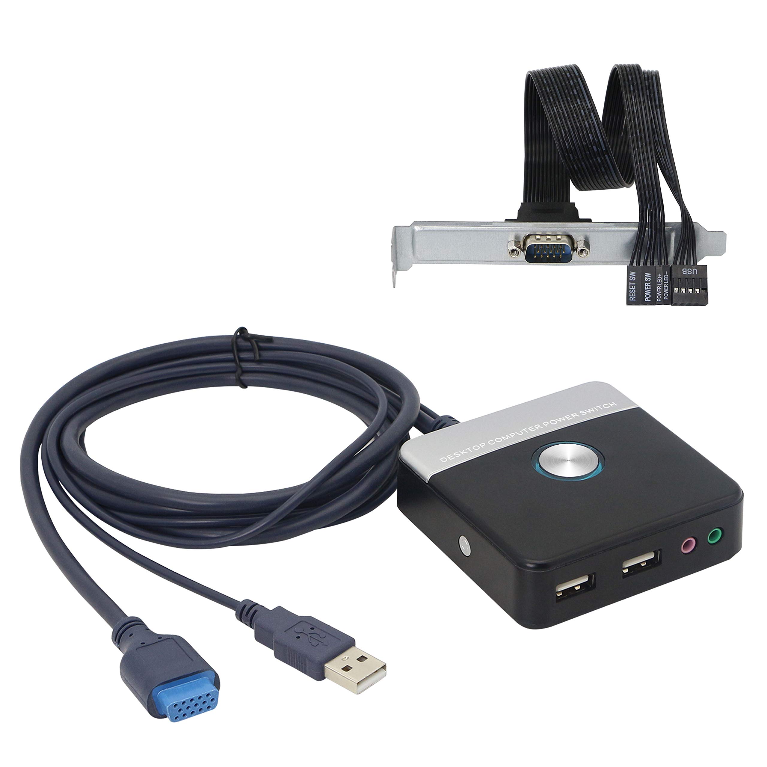 GELRHONR External PC Power Button, Desktop Computer Case Reset Switch Button, Reset HDD Button Switch with Dual USB Ports,On/Off with Audio Ports for Home, Office, Internet Cafes-120CM