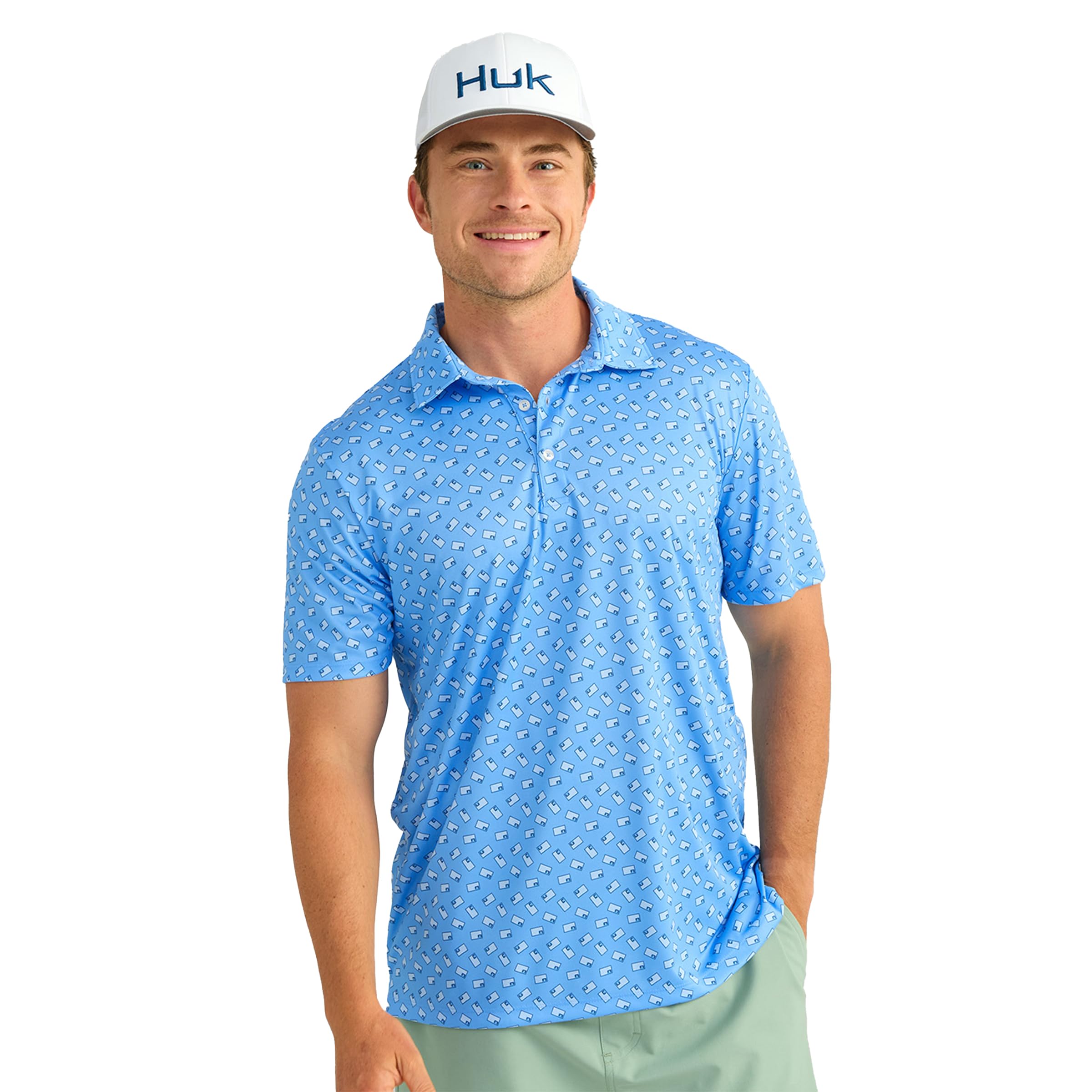 HUK Men’s Standard Pursuit Pattern, Performance Short Sleeve Polo Shirt, Marolina Blue