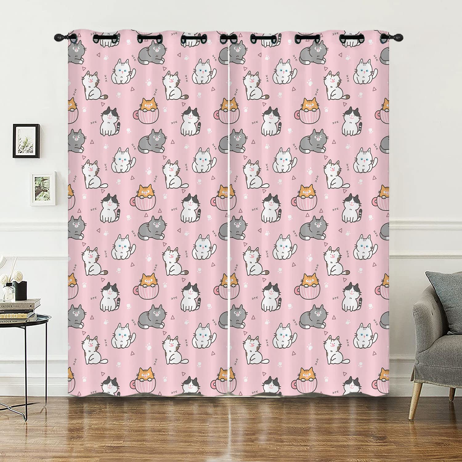 HOSIMA Curtains Blackout Eyelet for Boys and Girls Soft Breathable Pink Cats Print Curtains 2-piece Set Suitable for Young People's Bedroom Living Room Decoration(Pink Cats,117x137)