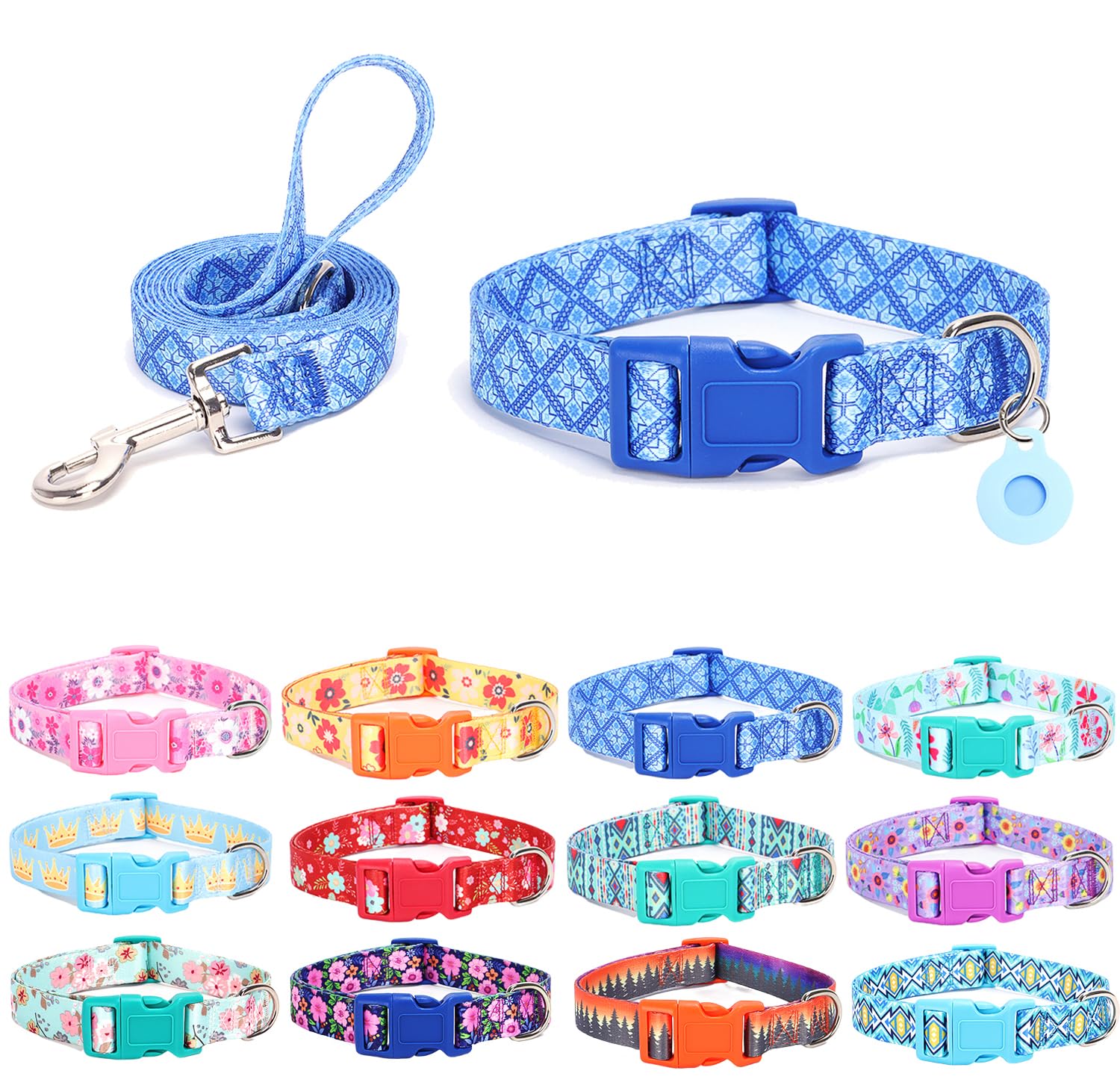 SLZZ Dog Collar with lead Airtag Holder Case Set - Dog Collars for Male Female Boy Girl Puppy X-small Small Medium Large Dogs Walking Running Training - Blue Geometry/XS